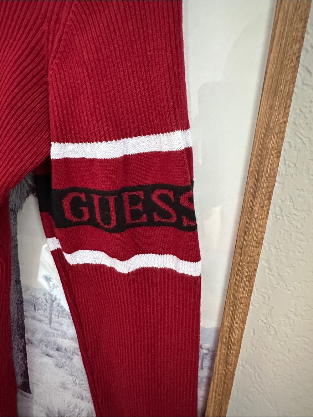 GUESS Los Angeles Women’s L Burgundy Ribbed Quarter Zip Logo Sweater Y2K - Picture 5 of 6